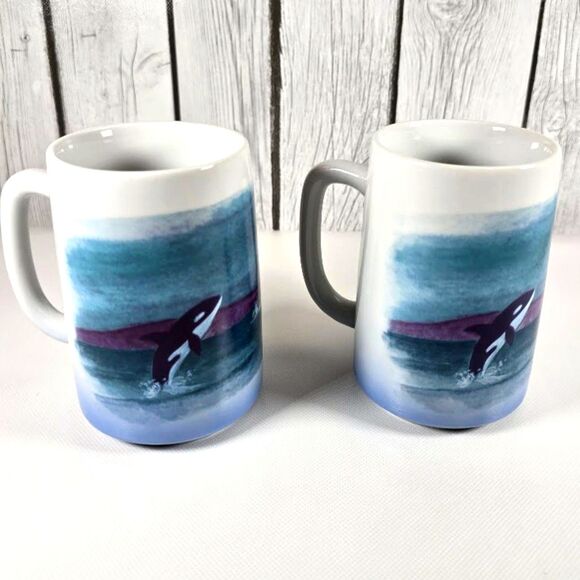 Vintage Otagiri Japan Killer Whale Hand Painted Ceramic Coffee Mug Set of 2 - Picture 4 of 9